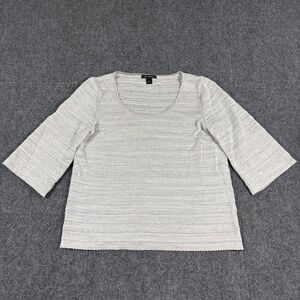 St John Collection Silver Metallic Santana Knit Top Scoop Neck Elbow Sleeve Sz M